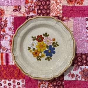 Three Floral Stoneware Dinner Plates with matching Teacup and Saucer